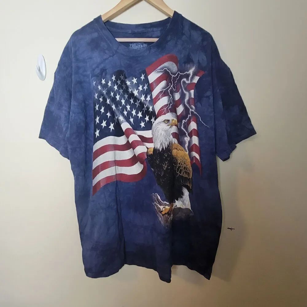 The Mountain America USA Bald Eagle Light Blue Marble Tie Dye T-Shirt Adult Size